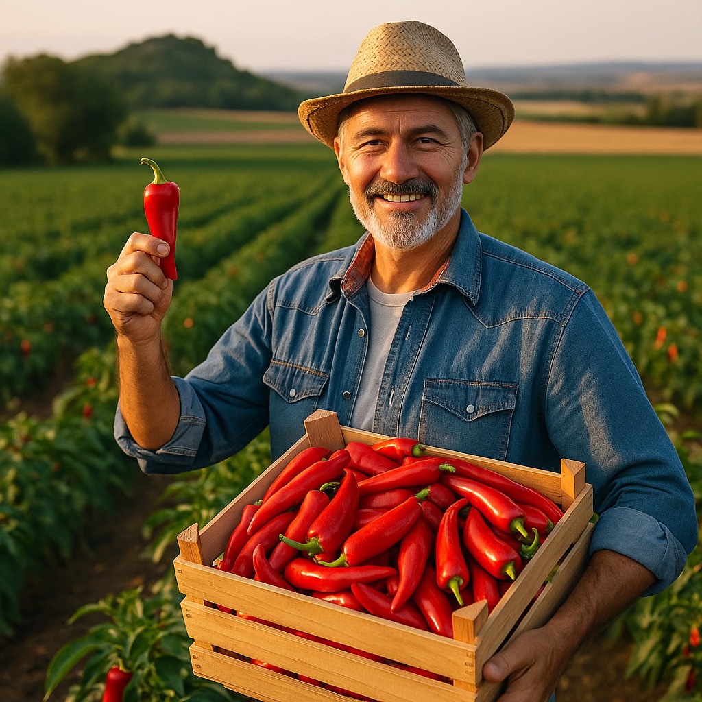 Farmer with peppers representing mapped agricultural fields in FileMaker and Google Maps